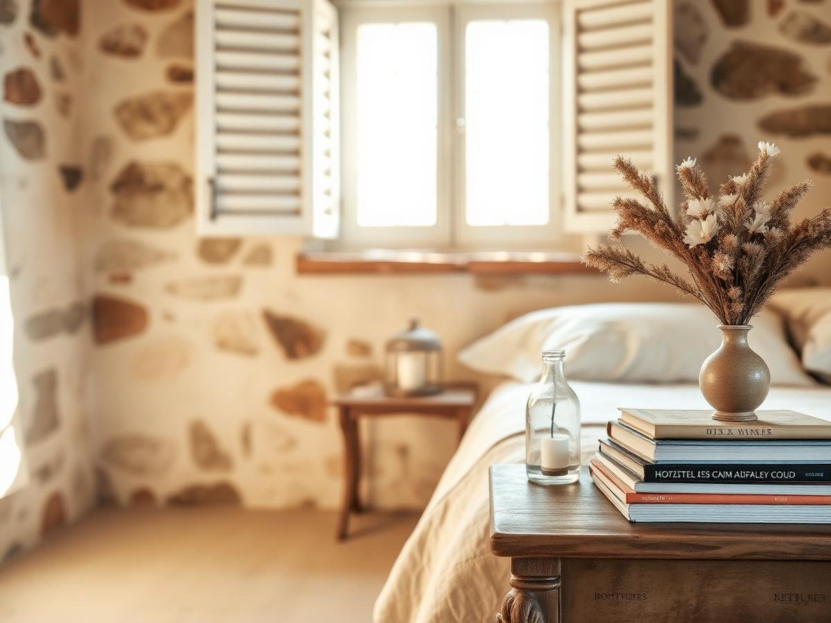 Habitación de casa rural con libros y luz cálida