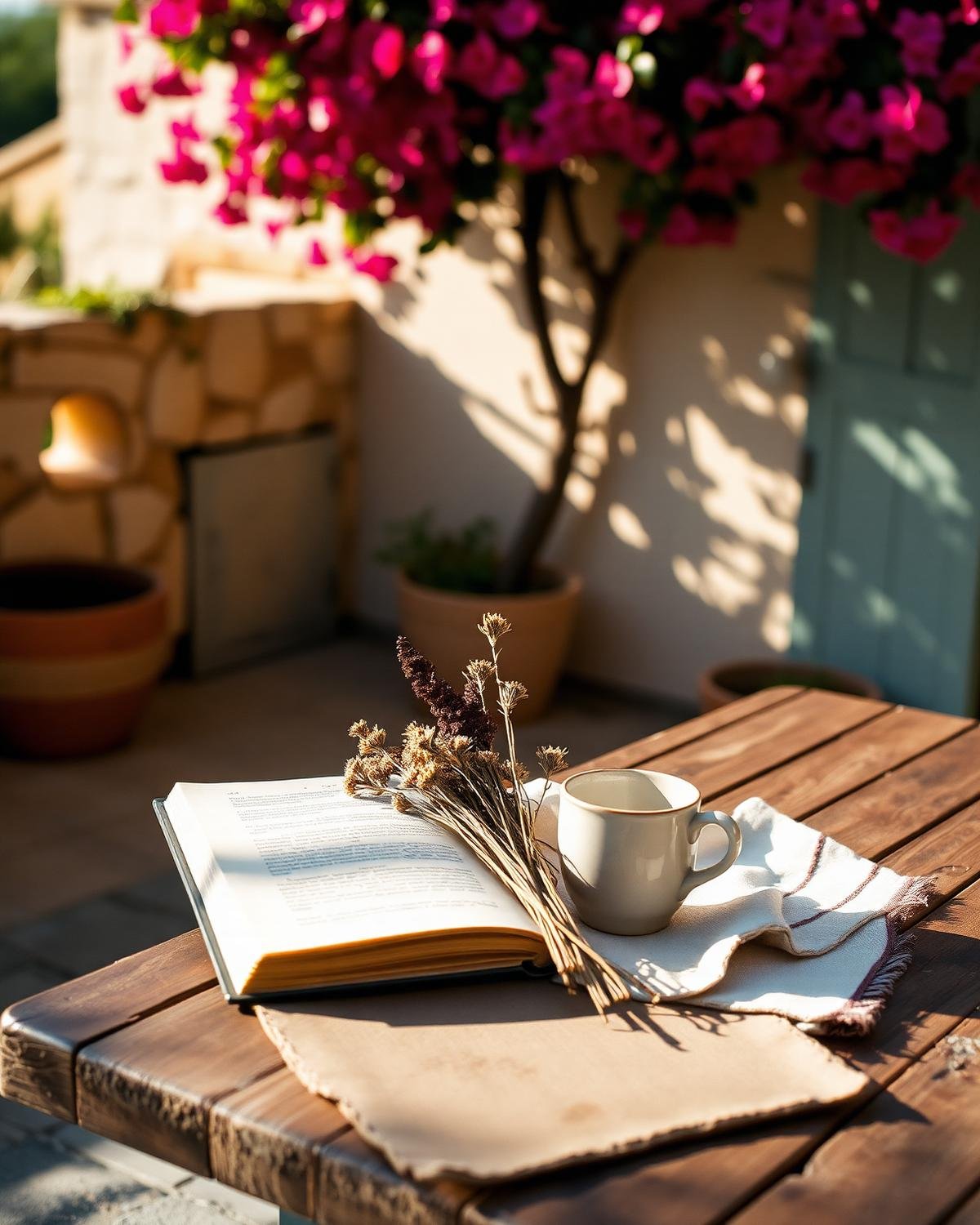 Libro abierto y flores secas sobre una mesa de madera al sol