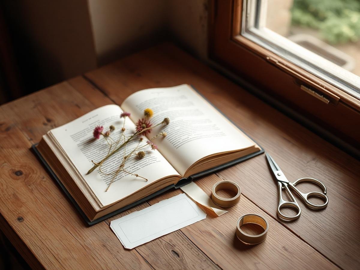 Flores prensadas y libro abierto sobre una mesa de madera