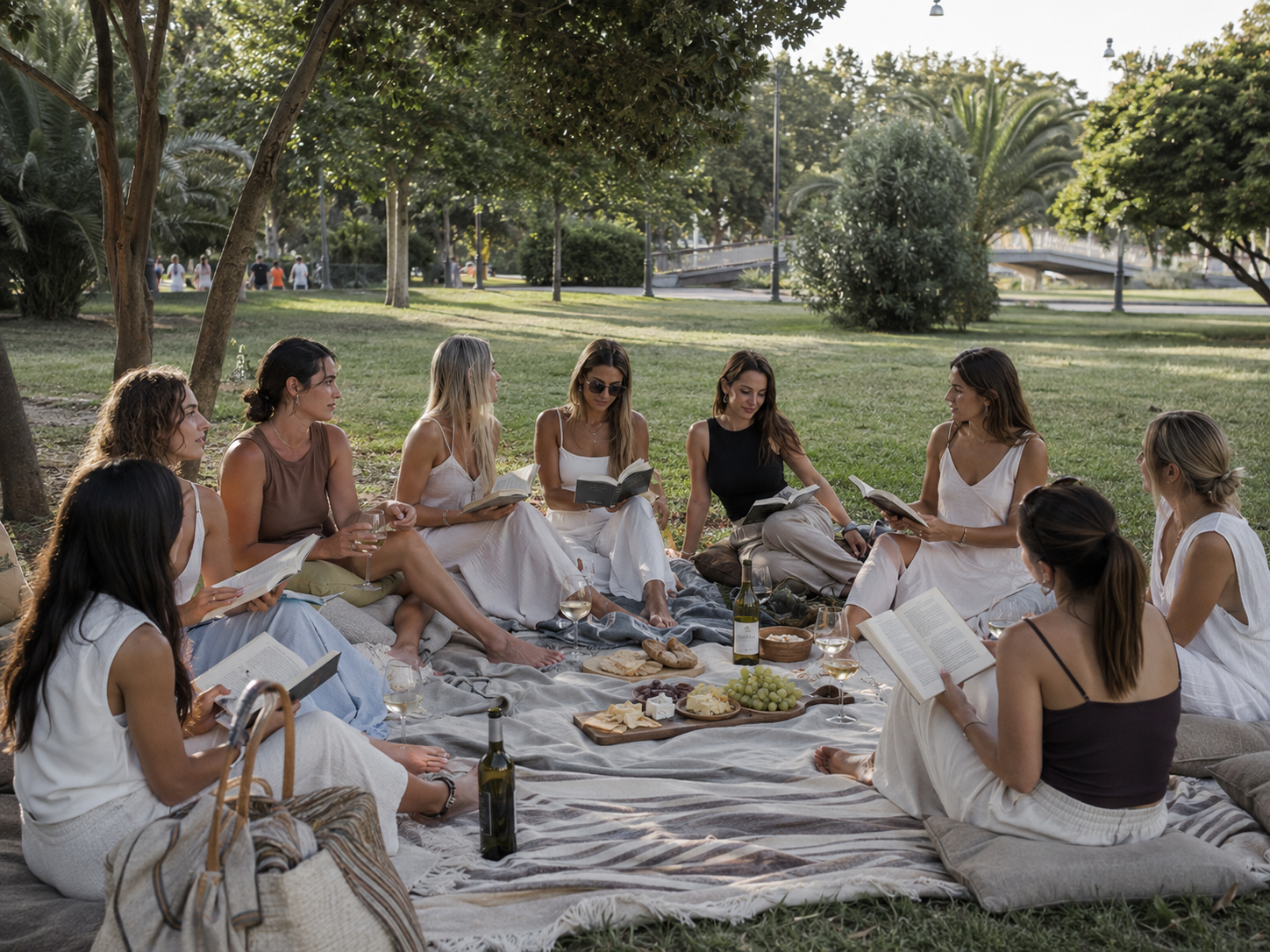 Picnic literario en el Jardín del Turia con lectoras, libros y vino